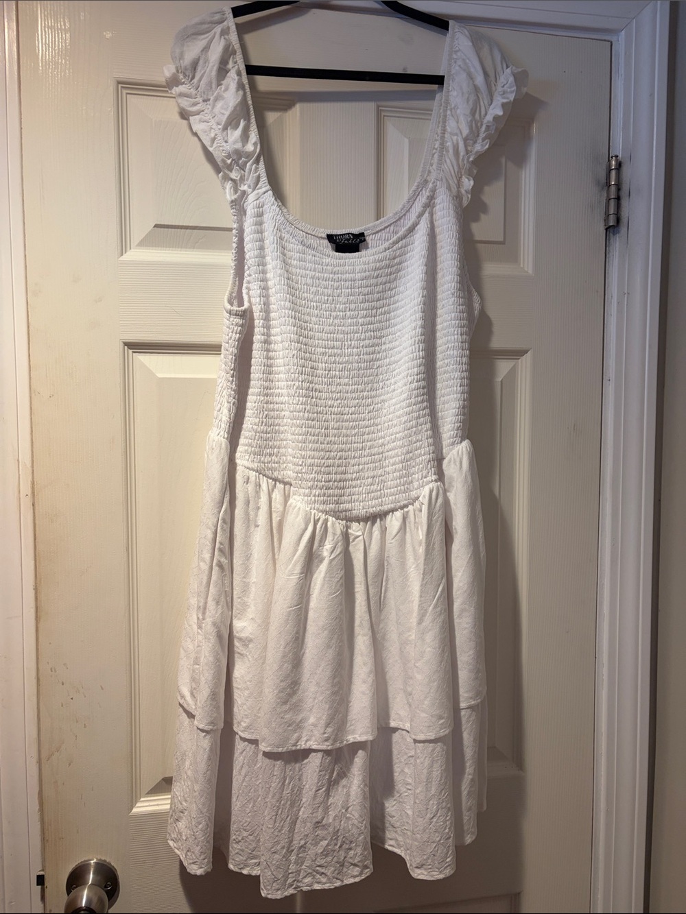 Smocked Dress with cap sleeves and tiered skirt in White 2X